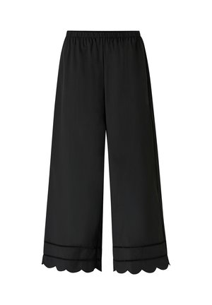 Black wide-leg pants with elastic waistband, decorative horizontal stitching, and scalloped hems.