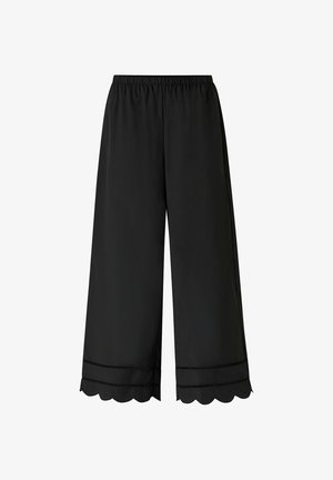 Black wide-leg pants with elastic waistband, decorative horizontal stitching, and scalloped hems.