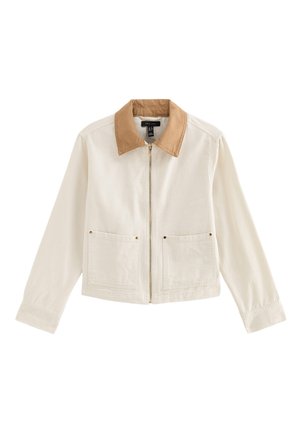 Roomkleurig vest met ritssluiting, een beige kraag, twee voorzakken, lange mouwen en een rechte zoom.