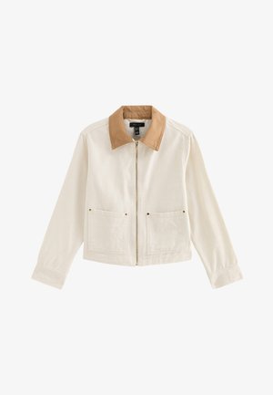 Roomkleurig vest met ritssluiting, een beige kraag, twee voorzakken, lange mouwen en een rechte zoom.