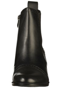 Bottine en cuir noir à bout rond, avec fermeture éclair sur le côté, panneau élastique et tirant à l'arrière.