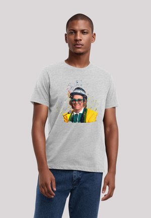 Gray cotton t-shirt featuring a colorful splash pattern and a central graphic of a man with sunglasses and a hat.