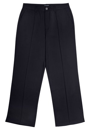 Black wide-leg trousers made of smooth fabric featuring a zip fly, button closure, and front pockets. Notable creased detail down each leg.