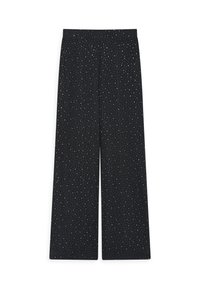 Black wide-leg trousers with a fabric featuring small white dot patterns, elastic waistband, and smooth texture. Flat and full-length design.