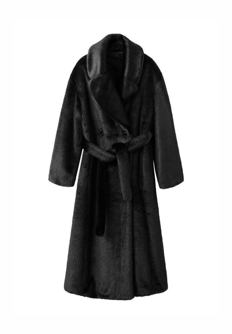 Abrigo de pelo sintético negro con un amplio cuello, botones de doble botonadura y un cinturón a juego. Tiene mangas largas y una textura suave.