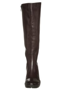 Bota de cuero marrón hasta la rodilla con una textura suave, que presenta una cremallera lateral y una puntera redonda, diseñada para comodidad y soporte.
