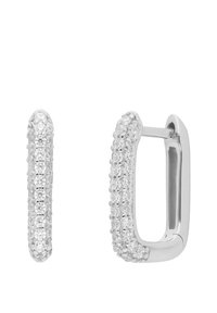 Zilveren oorbellen met een gladde cilindrische vorm en een rechthoekig ontwerp. Versierd met kleine heldere strass-steentjes, wat een sprankelend effect creëert.