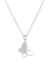 Zilveren vlinder hangerketting met sprankelende strass accenten, op een delicate ketting met ovale schakels.