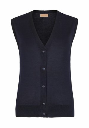 Marineblauwe mouwloze cardigan met een V-hals, knoopsluiting, geribbelde textuur en een getailleerd ontwerp. Gemaakt van zachte breimateriaal.
