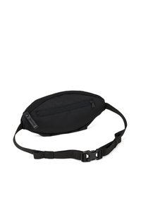 Black belt bag with an oval shape, made of durable fabric, featuring a zippered compartment and adjustable strap with a buckle.