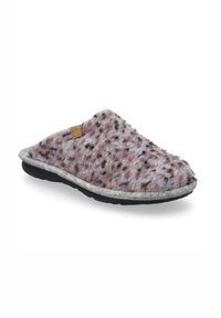 Wool slipper in pink and gray tones with a speckled pattern, rounded shape, gray fabric border, and textured black rubber sole.