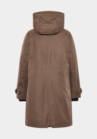 Parka marron mi-longue avec capuche, manches longues et brides ajustables boutonnées aux poignets, vue de dos sur fond blanc.