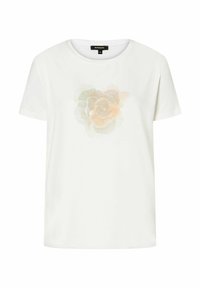 Weißes kurzärmliges T-Shirt aus Baumwolle. Mit einem sanften floralen Druck in Pastellfarben auf der Vorderseite. Rundhalsausschnitt und lockere Passform.