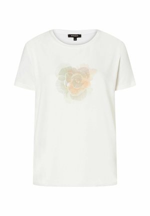 Witte t-shirt met korte mouwen van katoen. Heeft een zachte bloemenprint in pastelkleuren op de voorkant. Ronde halslijn en een losse pasvorm.