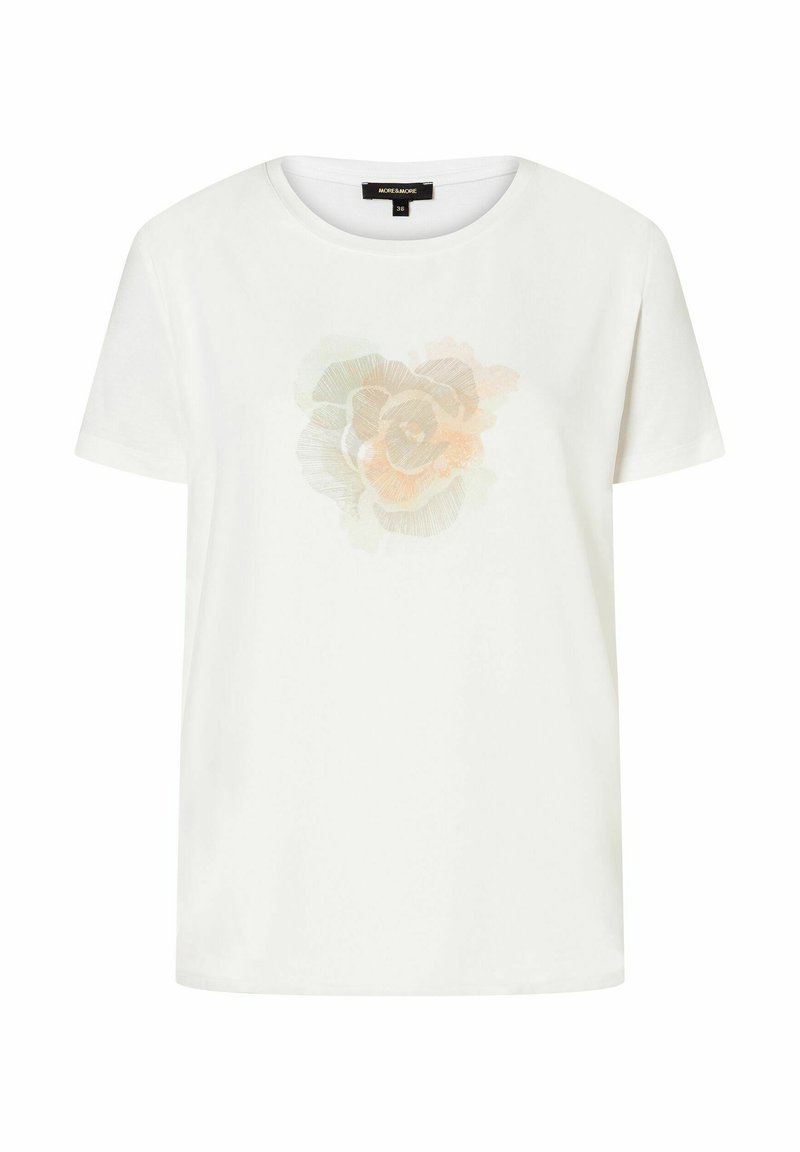 Weißes kurzärmliges T-Shirt aus Baumwolle. Mit einem sanften floralen Druck in Pastellfarben auf der Vorderseite. Rundhalsausschnitt und lockere Passform.