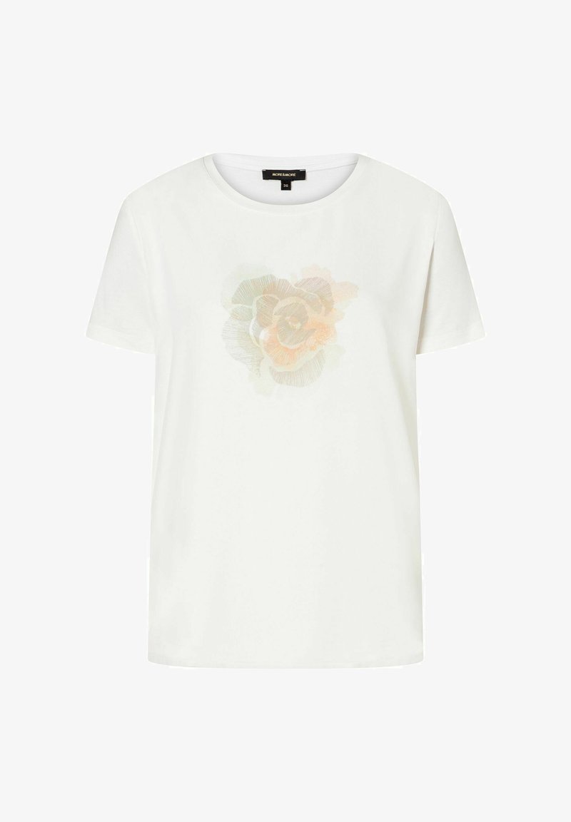 Weißes kurzärmliges T-Shirt aus Baumwolle. Mit einem sanften floralen Druck in Pastellfarben auf der Vorderseite. Rundhalsausschnitt und lockere Passform.