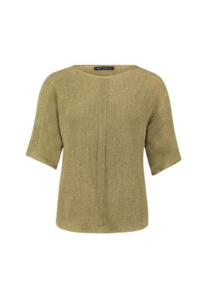 Sweter oliwkowy, krótki z krótkim rękawem, z okrągłym dekoltem i pionowym prążkowaniem na środku przodu.