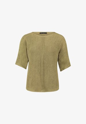 Sweter oliwkowy, krótki z krótkim rękawem, z okrągłym dekoltem i pionowym prążkowaniem na środku przodu.