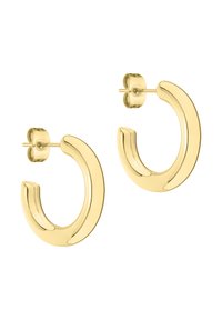 Gouden hoepeloorbellen met een gedurfde, gebogen vorm en een glanzende afwerking. Elke oorbel heeft een veilige post-back sluiting.