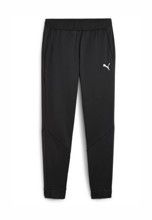 Zwarte sportbroek met een elastische tailleband, zijzakken en een wit Puma-logo. Heeft taps toelopende benen en textuurdetails in de stof.