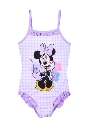 Fliederfarbenes einteiliger Badeanzug mit Karo-Muster und Rüschen an den Kanten, vorne mit Minnie Mouse mit Schleife und bunten Blumenakzenten.