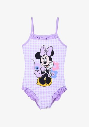 Costume intero a quadretti lilla con bordi arricciati, raffigurante Minnie Mouse con un fiocco e dettagli floreali colorati sul davanti.