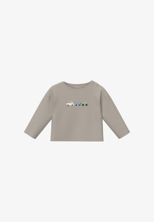 Beige longsleeve shirt voor peuters met drie kleine voertuigen (vrachtwagen, auto, tractor) aan de voorkant en drukknoopjes op de schouder.