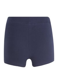 Navyblauwe katoenen shorts met een gladde textuur, een lage taille en een afgeronde snit, zonder zichtbare hardware of patronen.