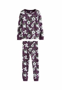 Children's pajama set in purple, featuring a repeated print of cartoon character faces. Long-sleeve top with matching fitted pants.