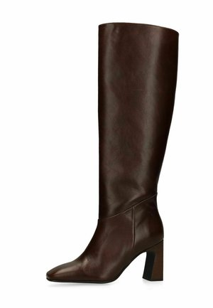 Dark brown leather knee-high boot with a block heel and pointed toe, shown from the side on a white background.