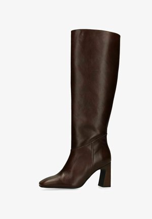 Dark brown leather knee-high boot with a block heel and pointed toe, shown from the side on a white background.