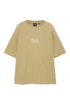 Beiges Oversized-T-Shirt mit kurzen Ärmeln, Rundhalsausschnitt und weißem Text "Brightdays Forever Stay cool & Stay true" mittig auf der Vorderseite.