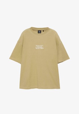 T-shirt beige oversize à manches courtes avec col rond et texte blanc « Brightdays Forever Stay cool & Stay true » centré sur le devant.