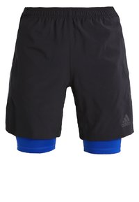 Svarta träningsshorts med elastisk midja, med blått foder och Adidas-logotyp. Lättviktig tyg med en slät textur.