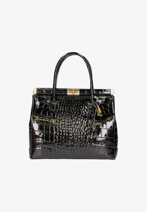 Sac à main en cuir verni noir avec texture crocodile, quincaillerie dorée, forme structurée et deux anses supérieures. Présente une fermeture à fermoir.
