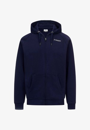 Felpa con zip di colore blu Navy, con cappuccio regolabile tramite cordino, maniche lunghe e tasche frontali. Presenta un logo sul lato sinistro del petto. Realizzata in tessuto morbido.