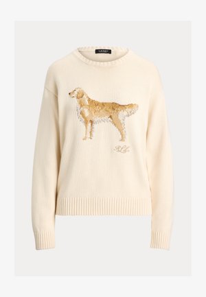 Beige strikkegenser med design av en golden retriever på fronten. Ribbestrikkede ermer og kant; rund hals, myk tekstur.