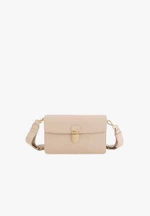 Beige rectangular leather crossbody bag with gold-tone clasp and adjustable strap, shown against a white background.