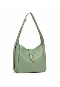 Borsa a spalla in pelle verde con un design curvo, chiusura in metallo dorato e una singola tracolla regolabile. Texture liscia con branding sottile.