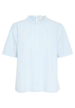 Kortærmet bluse med lodrette striber i lyseblå og creme, med flæset høj krave og lille knaplukning bagpå.