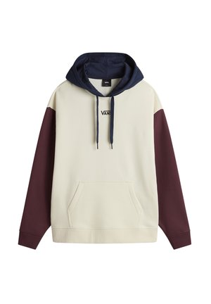 Crème hoodie met een marineblauwe capuchon en kastanjebruine mouwen. Voorzien van een voorkant zak en logo tekst op de borst. Zacht materiaal, relaxte pasvorm.