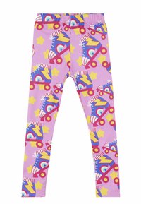 leggins met een paarse achtergrond en een herhaald patroon van kleurrijke rolschaatsen en gele sterren. Rekbaar stof met een elastische tailleband.