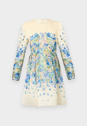 Blumenkleid in Beige mit langen Puffärmeln, ausgestattet mit mehrfarbigen Druckmotiven in Blau, Pink und Grün. Taillierte Silhouette mit weit schwingendem Rockdesign.