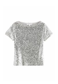 Top a maniche corte coperto di paillettes argento, scollo rotondo e finiture morbide grigie lungo il bordo. Texture liscia con superficie lucida.