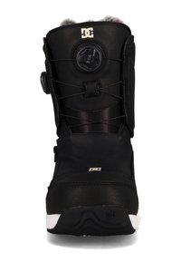 Black DC snowboarding boot with Boa dial closure, padded ankle support, and white sole detail, front view on white background.