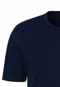 Marineblaue Kurzarm-Crewneck-T-Shirt mit sichtbaren Nähten an den Ärmeln und den Kragenrändern.