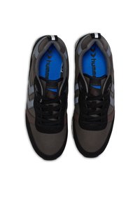 Dark gray sneakers with black laces, contrasting light gray stripes, and a blue insole. Features a textured upper and supportive design.