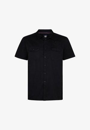 Short-sleeve black shirt made of cotton, featuring a button-up front, two chest pockets, and a subtle embossed logo detail on the chest.