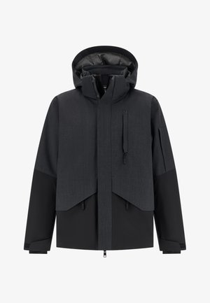 Czarna i ciemnoszara zimowa kurtka z regulowanym kapturem, kieszenią na piersi na zamek, pełnym zamkiem błyskawicznym z przodu oraz kieszenią na rękawie.