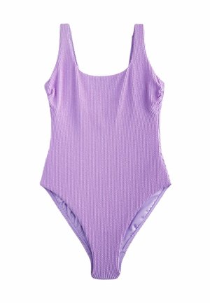 Maillot de bain une pièce violet en tissu à ribbed texturé, décolleté carré et bretelles larges ; doublure intérieure sans couture et ouvertures de jambe échancrées.
